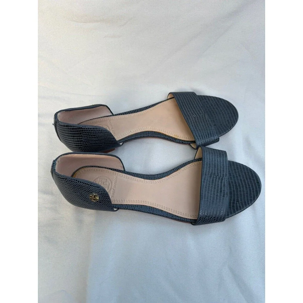 TORY BURCH Savannah Embossed Lizard Leather Sandals Sz 8 Navy Blue Flat Slip On